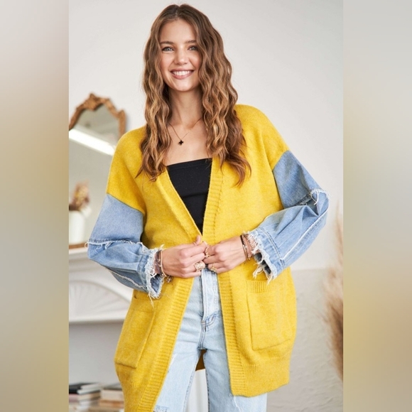 Yellow and Denim Sleeve Women's Sweater - Picture 2 of 6